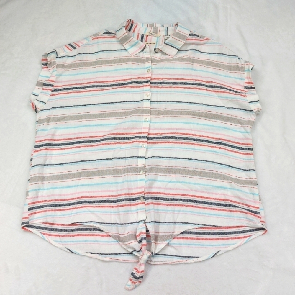 WEATHERPROOF WOMEN'S WASHABLE LINEN BLEND STRIPED BUTTON DOWN TIE FRONT SHIRT XL